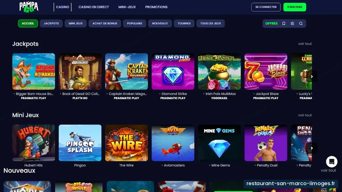Aperçu des catégories jackpots, mini-jeux et nouveautés dans le lobby PampaGo